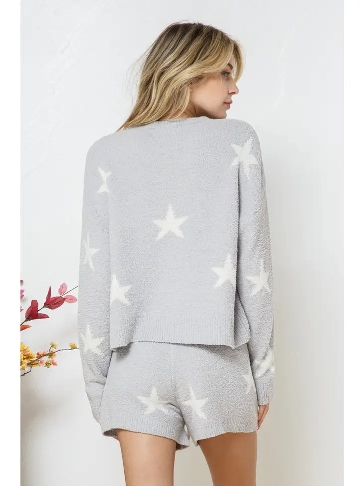Soft Long Sleeve Star Print Top & Short Set | Heather Grey