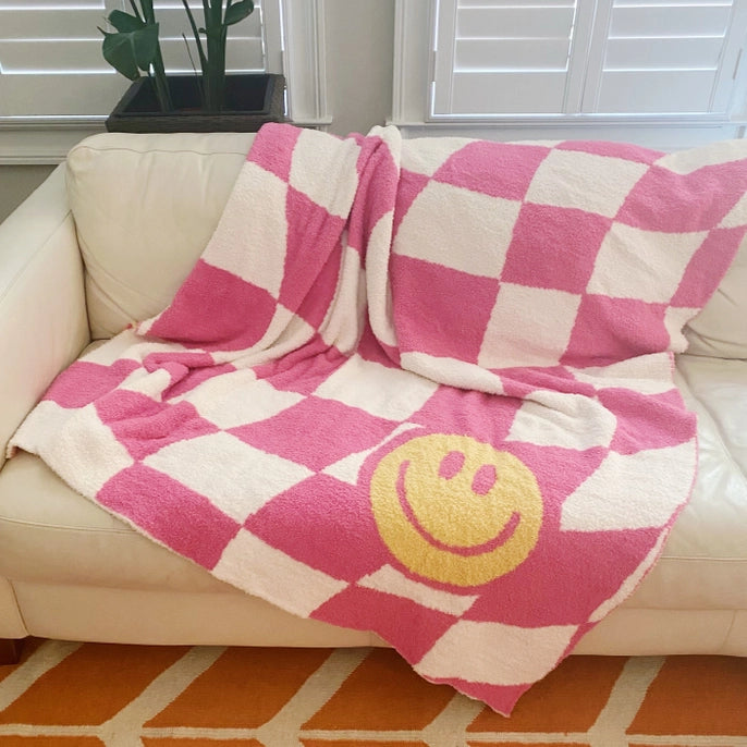 Wavy Check Butter Soft Smiley Face Throw Blanket | Pink