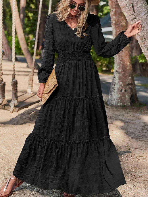 Long Sleeve V-Neck Nipped Waist Maxi Dress | Black