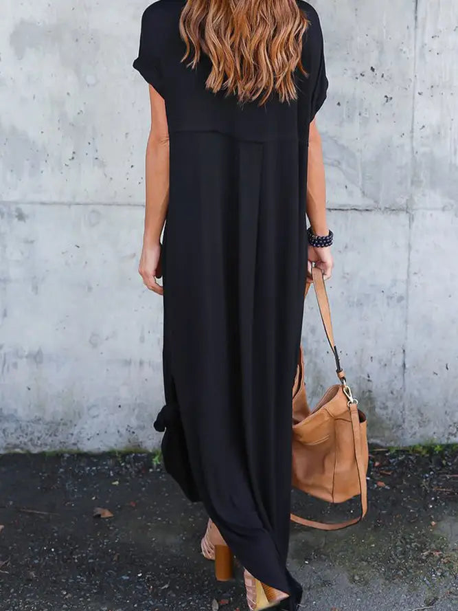 Black V Neck Split Maxi Dress with Pockets