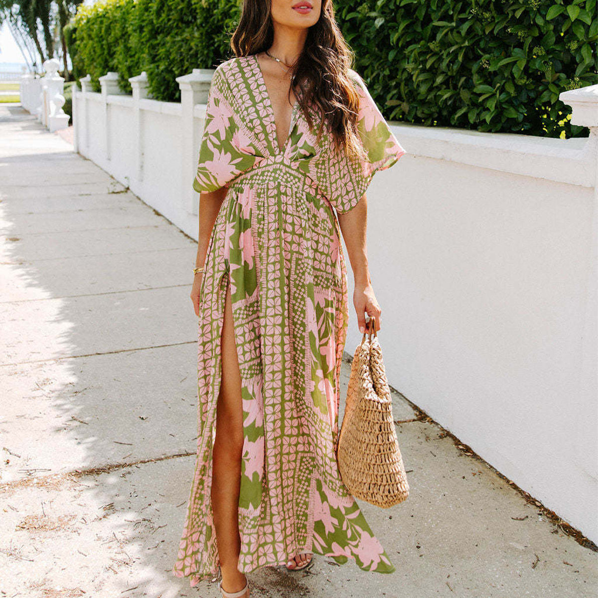 High Waist, V-Neck, High Slit Waist Dress