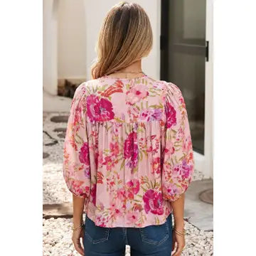 Floral Print Tie at Neck Puffy Half Sleeve Blouse