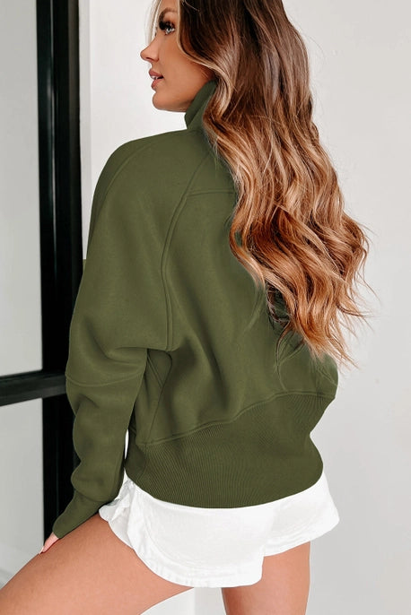 Olive Green Zip-Up Stand Collar Ribbed Thumbhole Sleeve Sweatshirt