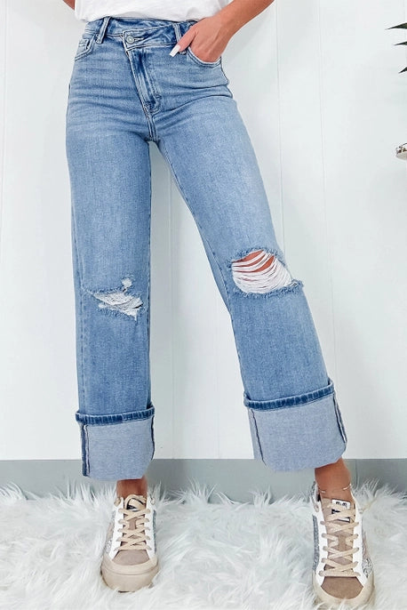 High Rise Asymmetric Button Zip Fly Jeans