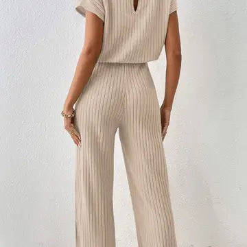Solid Color Ribbed Short Sleeve Wide Leg Jumpsuit