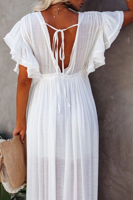 Slub Ruffle Plunge Beach Seaside Cover Up-Maxi Dress