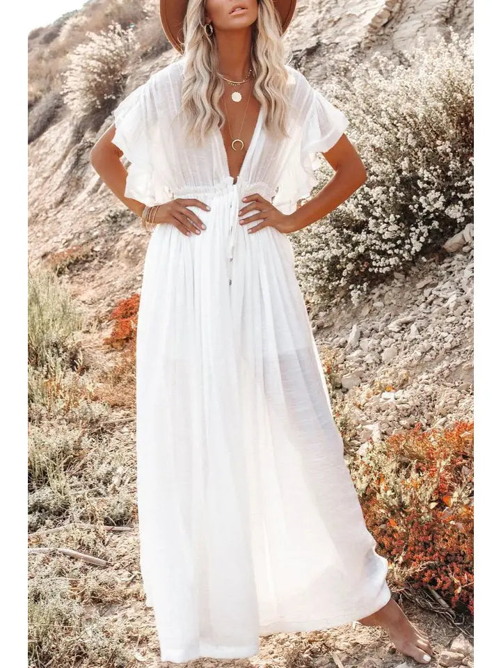Slub Ruffle Plunge Beach Seaside Cover Up-Maxi Dress
