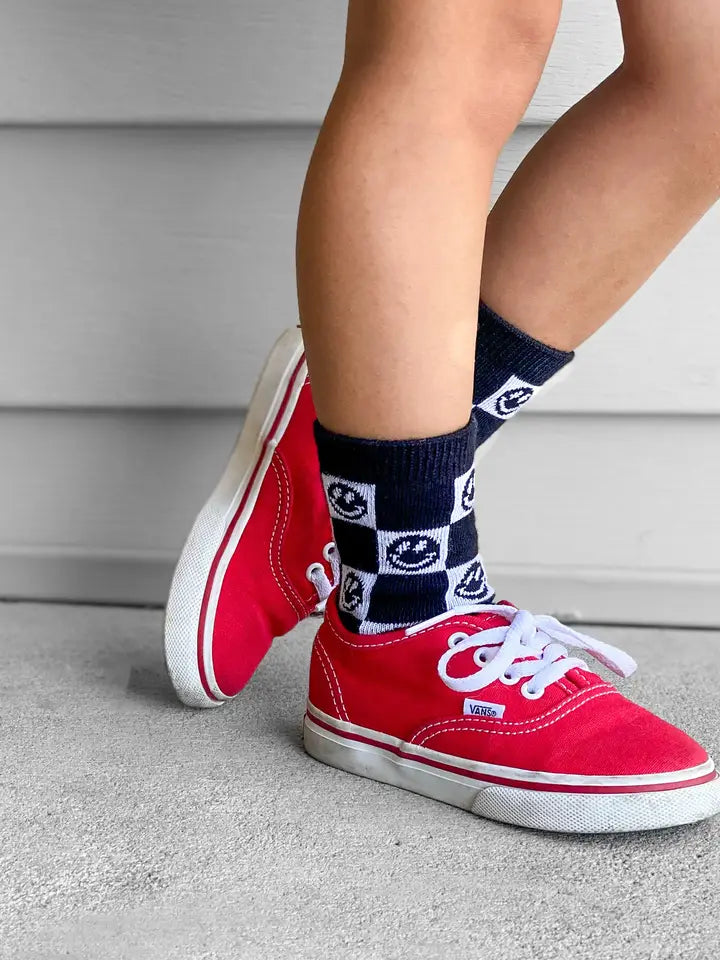 Kids White Checker Smiley Face Socks