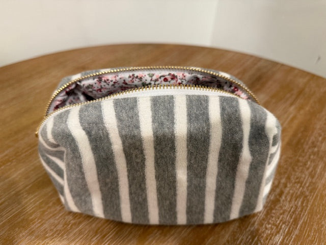 Terry Cloth Stripped Cosmetic Case Grey & White