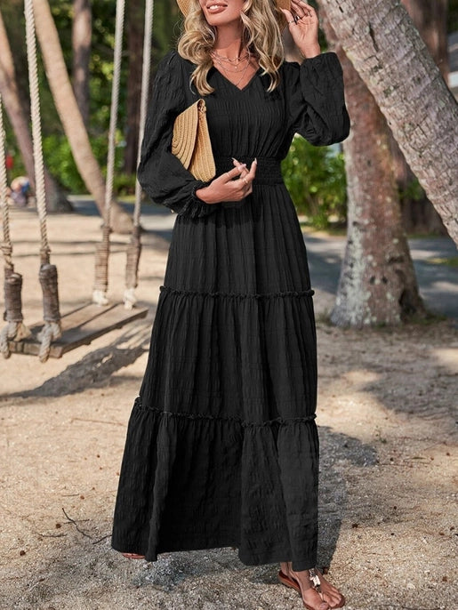 Long Sleeve V-Neck Nipped Waist Maxi Dress | Black