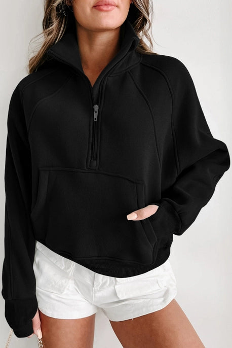 Vivienne Zip-Up Stand Collar Ribbed Thumbhole Sleeve Sweatshirt