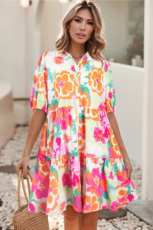 Vintage Style Floral Dress with Puff Collar