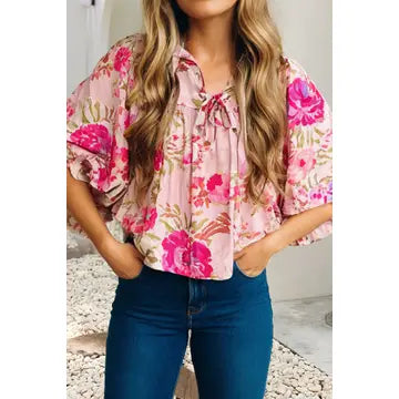 Floral Print Tie at Neck Puffy Half Sleeve Blouse
