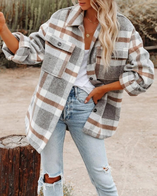 Plaid Button Flannel Shirt Jacket | Light Grey